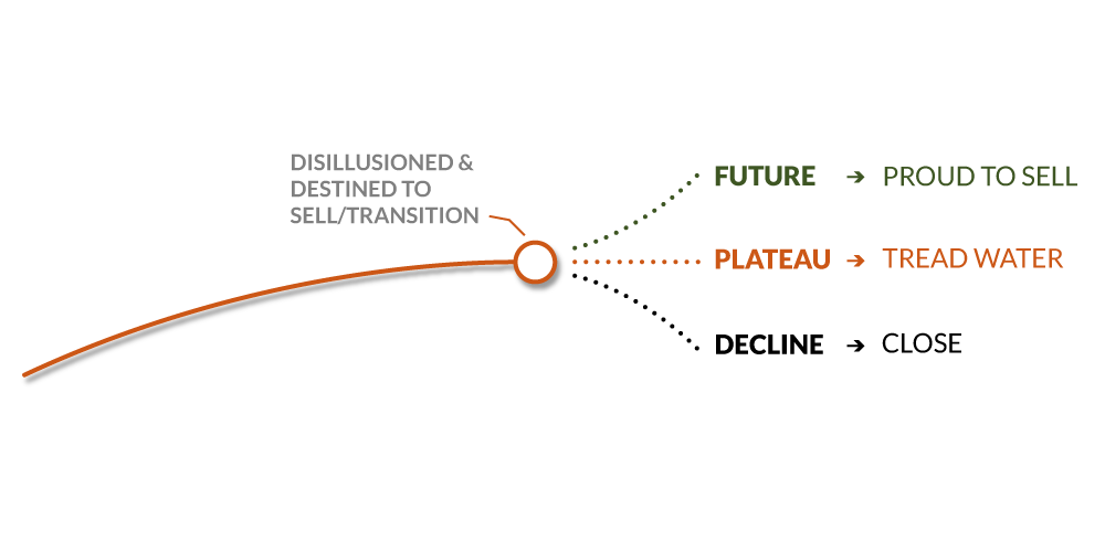 Chart illustrating business growth trajectories at a tipping point, highlighting paths of transition: disillusionment and readiness to sell, future success, plateau stagnation, and treading water.